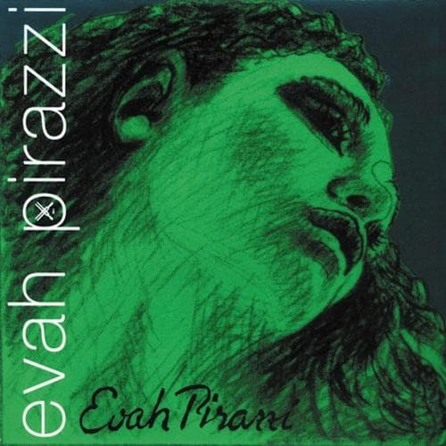 A sketch of a person's face angled upwards, tinted in green, features the text "Pirastro Evah Pirazzi A String" along the left side and bottom of the image.