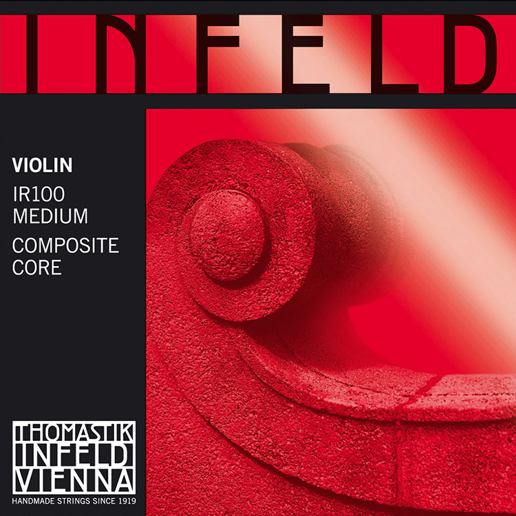 Image of a red violin scroll with the text "INFELD" at the top. On the left, it says "Violin IR100 Medium Composite Core" and includes the Thomastik-Infeld Vienna logo with "Handmade Strings Since 1919" at the bottom.