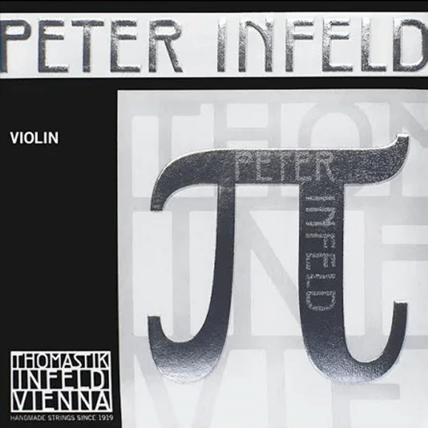 Close-up of a black-and-silver packaging for Peter Infeld violin strings featuring a large metallic letter "PI." The text "Thomastik Infeld Vienna" and "Handmade Strings Since 1919" appears at the bottom.