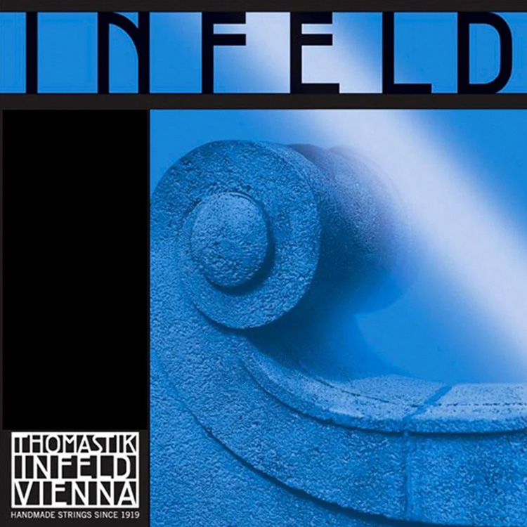 The image features a blue-toned cover with a close-up of a stone spiral architectural detail. The text at the top reads "INFELD," while the bottom left corner displays "THOMASTIK INFELD VIENNA HANDMADE STRINGS SINCE 1919." This is part of the product packaging for the Thomastik Infeld Blue E String.