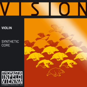 Orange and black packaging for Thomastik Infeld Vision violin strings, featuring illustrations of geese and sheep. Text includes "Violin," "Synthetic Core," and "Thomastik Infeld Vienna.