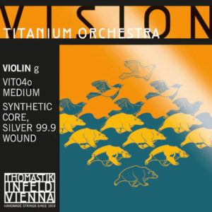 Illustration of a Thomastik Infeld Vision Titanium Orchestra Set violin string package. The design showcases blue geese flying over golden boars. The text includes details: "Violin g VIT04o Medium, Synthetic Core, Silver 99.9 Wound" by Thomastik-Infeld Vienna.