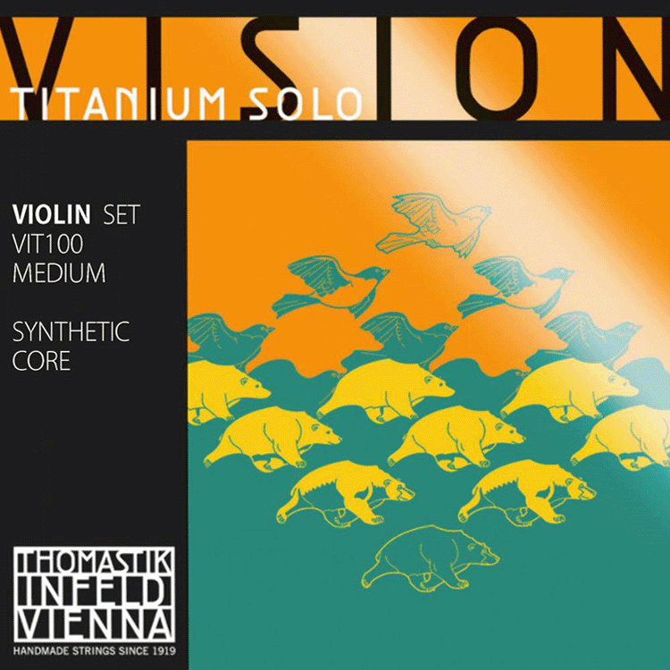 The image showcases a vibrant design with stylized birds in shades of orange and green soaring above bears in matching colors. The text includes "VISION TITANIUM SOLO" and provides specifications for the Thomastik Infeld Vision Titaniums Solo Set.