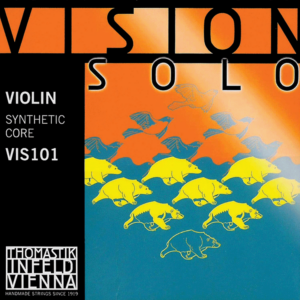 Album cover art for the "Thomastik Infeld Vision Solo Set" by Thomastik-Infeld Vienna features an abstract pattern of flying birds and walking animals in shades of yellow, orange, and blue against a gradient background. Text reads "Violin Synthetic Core VIS101.