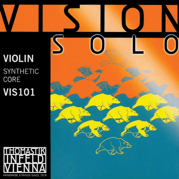 Album cover art for the "Thomastik Infeld Vision Solo Set" by Thomastik-Infeld Vienna features an abstract pattern of flying birds and walking animals in shades of yellow, orange, and blue against a gradient background. Text reads "Violin Synthetic Core VIS101.