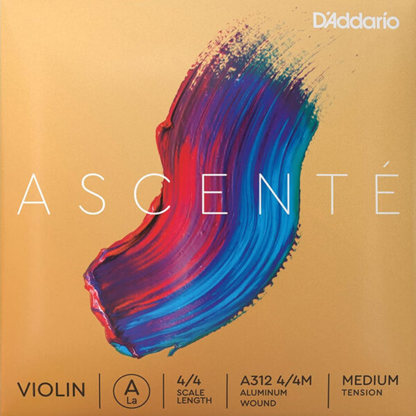 Cover art for D'Addario Ascenté violin strings. Features a colorful brushstroke with red, purple, blue, and teal on a golden background. Text includes details: Violin A, 4/4 Scale Length, A312 4/4M, Aluminum Wound, Medium Tension.