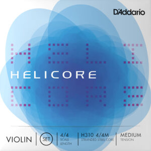 The image shows the packaging for D'Addario Helicore violin strings. It includes text indicating a 4/4 scale length, H310 4/4M, stranded steel core, medium tension, and the brand name D'Addario in the top right corner.