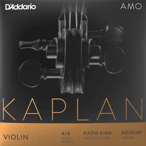 A close-up image showcases the scroll and pegs of a violin set against a dark background. The words "D'Addario," "Amo," and "Kaplan" stand out prominently. Text details indicate a 4/4 scale length, KA310 4/4M synthetic core, and medium tension for the D'Addario Kaplan Amo E String.