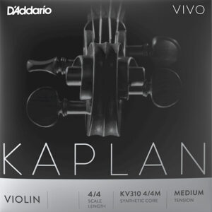 Image of a D'Addario Kaplan Vivo String package. The packaging displays a close-up of a violin scroll and pegs, with text including "4/4 Scale Length," "KV310 4/4M Synthetic Core," and "Medium Tension.