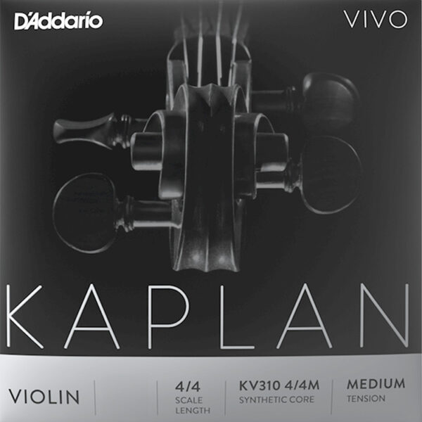 Image of a D'Addario Kaplan Vivo String package. The packaging displays a close-up of a violin scroll and pegs, with text including "4/4 Scale Length," "KV310 4/4M Synthetic Core," and "Medium Tension.