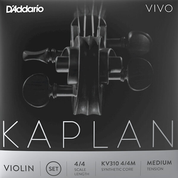 Close-up of a violin headstock with the text: “D’Addario VIVO Kaplan” at the top. Below, it reads: “VIOLIN SET 4/4 Scale Length KV310 4/4M Synthetic Core Medium Tension.” The background is dark, highlighting the violin’s details.