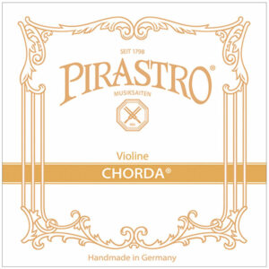 Ornate packaging for Pirastro Chorda violin strings. Includes decorative borders with gold accents. Text indicates "seit 1798," "Violine," and "Handmade in Germany.