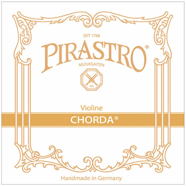 Ornate packaging for Pirastro Chorda violin strings. Includes decorative borders with gold accents. Text indicates "seit 1798," "Violine," and "Handmade in Germany.