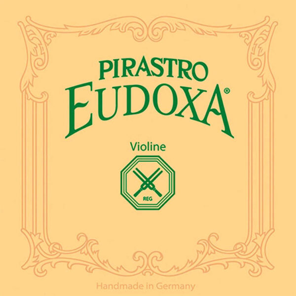 The image shows the packaging for Pirastro Eudoxa violin strings. The background is a light orange with green text, featuring decorative border designs and a small logo with crossed string instruments. The words "Handmade in Germany" are at the bottom.