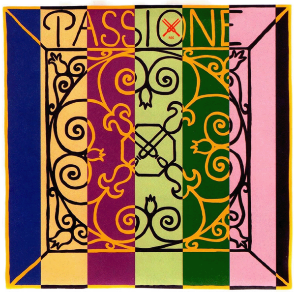 The Pirastro Passione Set features a vibrant, symmetrical design with vertical stripes in shades of blue, purple, green, and pink. The top displays the word "Passione," complemented by intricate black scrollwork and a central emblem of crossed key and sword.