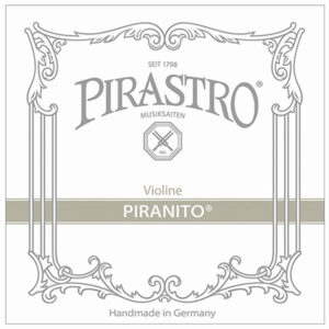 The image shows the packaging of Pirastro Piranito violin strings. It features ornate decorative borders, the text "Pirastro Musik Saiten," and "Handmade in Germany" printed at the bottom.