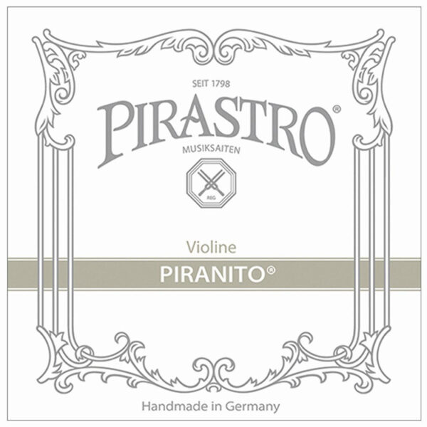 The image shows the packaging of Pirastro Piranito violin strings. It features ornate decorative borders, the text "Pirastro Musik Saiten," and "Handmade in Germany" printed at the bottom.