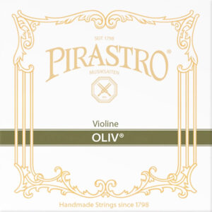 The image shows the packaging for Pirastro violin strings, labeled "Oliv." The design features decorative gold lines and the words "Handmade Strings since 1798" at the bottom.