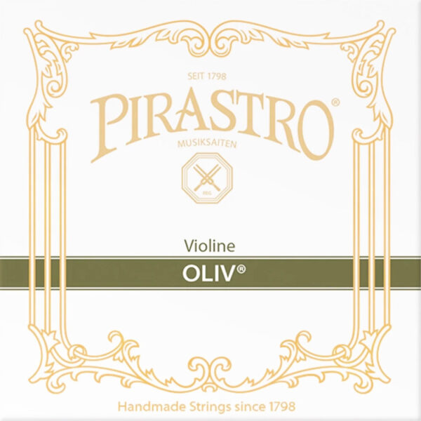 The image shows the packaging for Pirastro violin strings, labeled "Oliv." The design features decorative gold lines and the words "Handmade Strings since 1798" at the bottom.