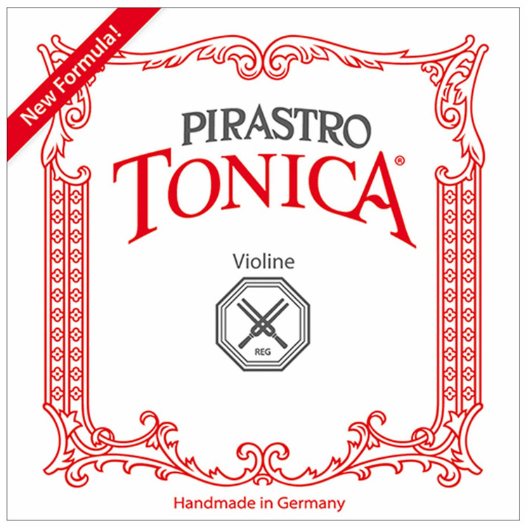 An image of a Pirastro Tonica violin string package. The design features ornate red borders with "New Formula!" in the top left corner. The text reads "Violine" and "Handmade in Germany" at the bottom.