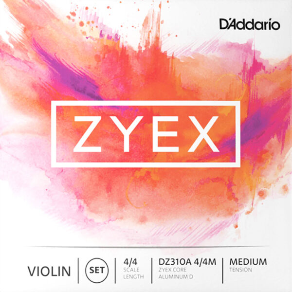 A package of D'Addario Zyex violin strings is shown. The design features a vibrant blend of pink and orange colors, with the word "Zyex" in bold white letters. The packaging indicates it's for a 4/4 violin with medium tension.