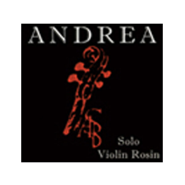 A black and red design showcasing a stylized violin scroll, with the word "ANDREA" at the top and "Pirastro Gold Violin Rosin" below.