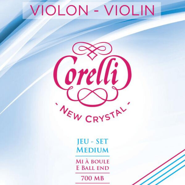 Image of a Corelli New Crystal violin string package. The label includes the words "Violon - Violin," "Jeu - Set Medium," and "Mi à Boule E Ball End," with "700 MB" indicated at the bottom. The design features blue and white swirls.