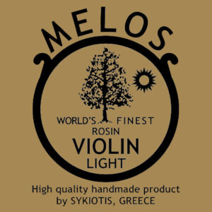 The label features a tan background with black text and graphics, including the words "MELOS," "World's Finest Rosin," and "High quality handmade product by Sykiotis, Greece." It also showcases a tree and sun graphic in the center.