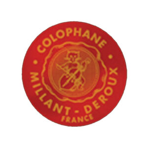 The Millant Deroux Rosin features a round red label with gold text that reads "COLPHANE MILLIANT-DEROUX FRANCE." At the center, there's an illustration of a stylized figure playing a musical instrument that resembles a bow.