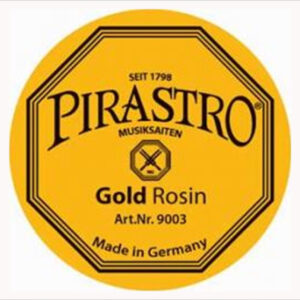 The Pirastro Gold Violin Rosin features a yellow label with black text, including the phrases "SEIT 1798," "MUSIKSAITTEN," and "Art.Nr. 9003." It also states "Made in Germany" and showcases a small crossed bow and string design at the center.