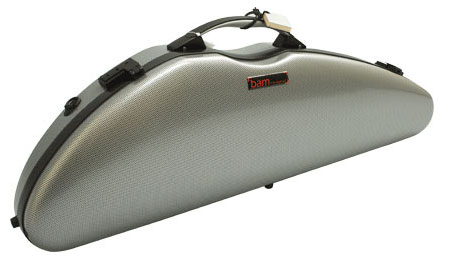 A silver-colored, hard-shell BAM saxophone case with a pebble-textured surface. It has a black handle and small latch closures. A small red BAM logo is visible on the front side.