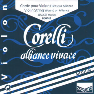 The image shows a package of Corelli Alliance Vivace violin strings by Savarez. The design includes blue and white swirls with text indicating the strings are medium gauge, model 800MB, for a violin.