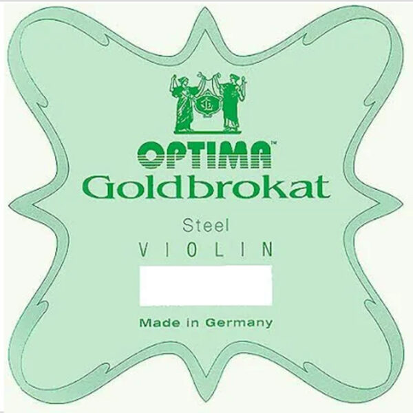 Label for Optima Goldbrokat Steel Violin strings, designed in a decorative green shape with text indicating the product is made in Germany.