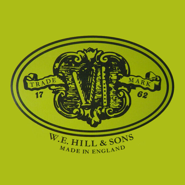 An ornate black design logo on a green background reads "Trade Mark 1762," with the initials "W E" and the name "W.E. Hill & Sons Made in England" below, associated with the product named Hill Light Violin Rosin.