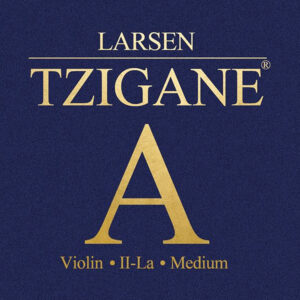 Navy blue packaging for Larsen Tzigane violin strings featuring gold lettering. The text reads: "LARSEN TZIGANE E Violin II-La Medium.