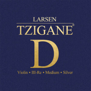 The package design for the Larsen Tzigane D String showcases the letter "D" in gold on a dark blue background, with text including "Violin," "III-Re," "Medium," and "Silver" beneath the main lettering.