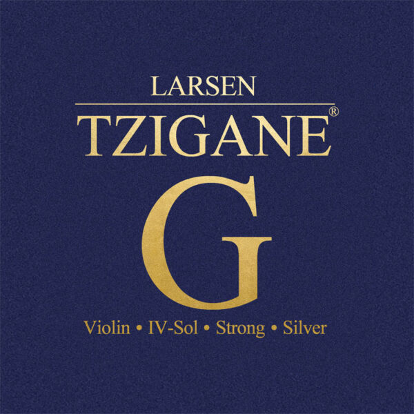 The image displays a blue backdrop with gold lettering stating "Larsen Tzigane D" and underneath, "Violin IV-Sol Strong Silver".