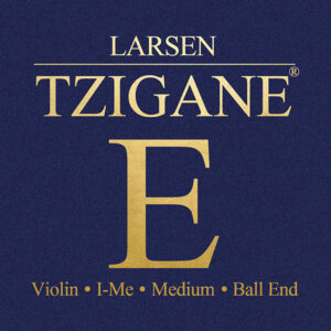 Image of a packaging for Larsen Tzigane violin string. Text on the packaging reads: Larsen Tzigane E, Violin, I-Me, Medium, Ball End. The text is in gold against a blue background.