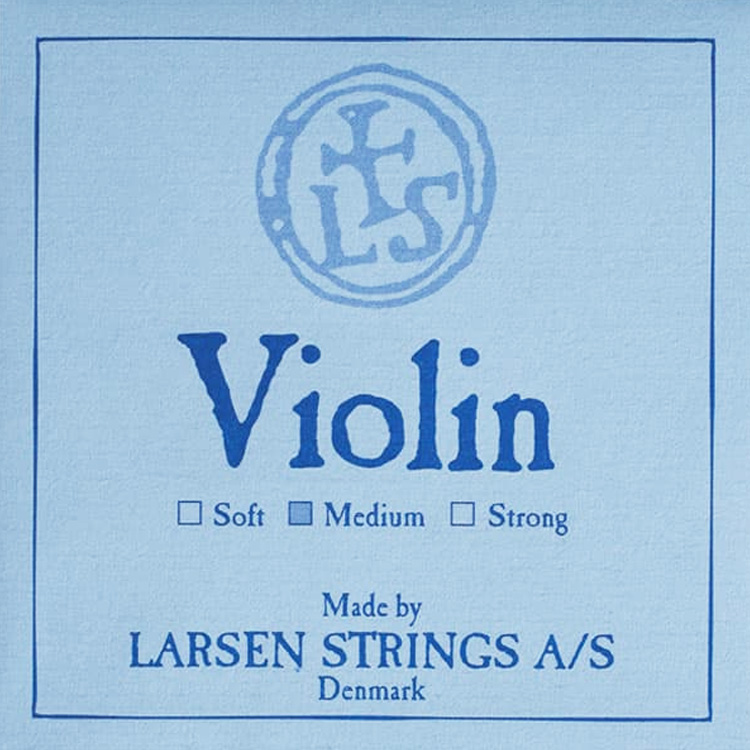 Blue packaging for violin strings by Larsen Strings A/S, Denmark. It features three options: Soft, Medium, Strong, with a decorative circular logo above the text.