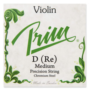 Square packaging for the Prim D String, a violin string crafted from chromium steel, labeled as "D (Re) Medium Precision String." The design includes green decorative floral elements on a white background. Text indicates the product is made in Sweden.