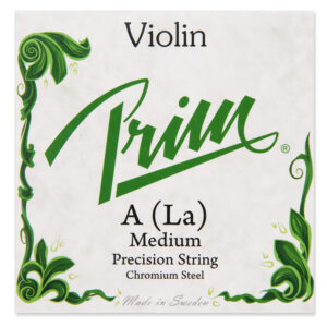 The packaging for a Prim A String, designed for violins with medium precision, features chromium steel construction. The design is mostly white with a decorative green border and text, and the phrase "Made in Sweden" is printed at the bottom.