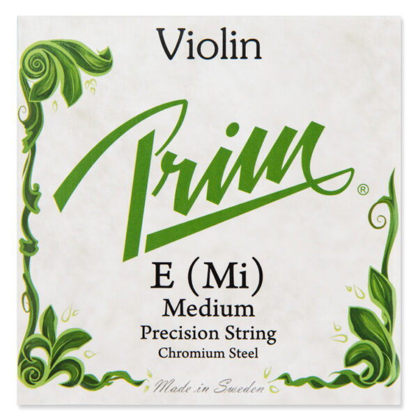 The image displays a package labeled "Prim A String" adorned with green decorative elements. It states, "A (La) Medium Precision String Chromium Steel," and includes "Made in Sweden" printed at the bottom.