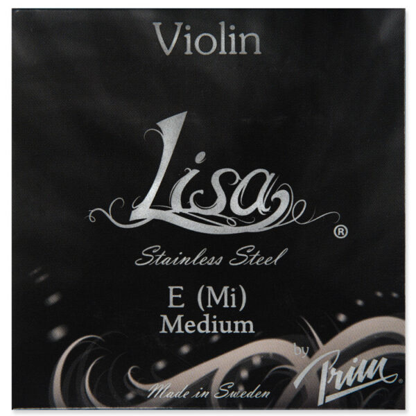 Image of violin string packaging labeled "Lisa," made of stainless steel. It specifies "E (Mi) Medium" and indicates it is made by Prim in Sweden. The background is dark with a decorative script.