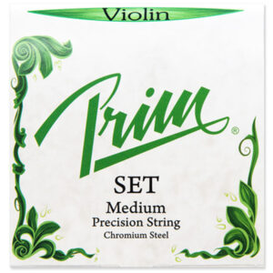 Image of a violin string packaging with a green decorative border. The packaging features the words "Prim Set" prominently in green text, along with "Violin Set Medium Precision String Chromium Steel.