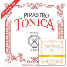 Image of Pirastro Tonica violin strings packaging with red decorative border and text "New Formula." Includes a small inset of Pirastro Gold label. Features violin string details and the phrase "Handmade in Germany.