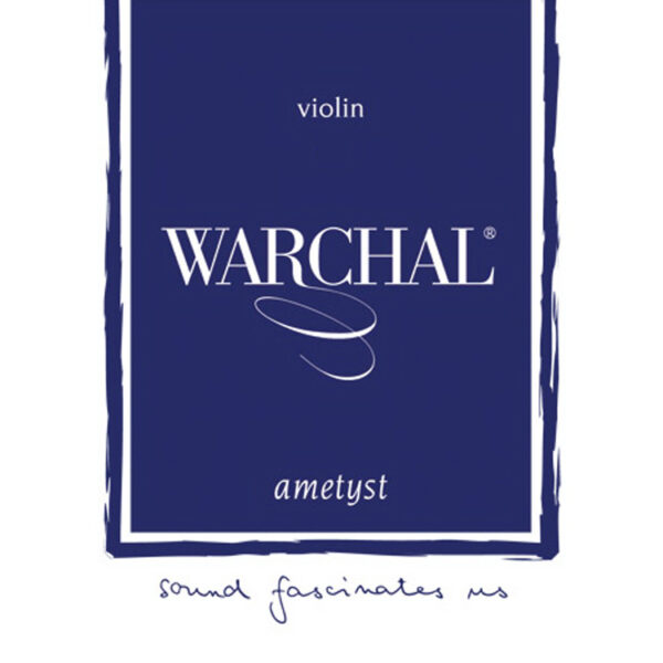 Image of a Warchal Ametyst Set package. The design features a deep blue background with "Warchal," "violin," and "ametyst" written in white text. Below, the phrase "sound fascinates us" is included in a handwritten style.