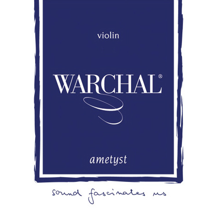 Image of a Warchal Ametyst Set package. The design features a deep blue background with "Warchal," "violin," and "ametyst" written in white text. Below, the phrase "sound fascinates us" is included in a handwritten style.