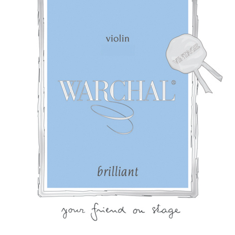 Blue and white packaging for Warchal Brilliant Vintage violin strings. The label features the text "violin" at the top, with "WARCHAL" in large letters at the center and "brilliant" at the bottom. A ribbon emblem reads "VINTAGE.