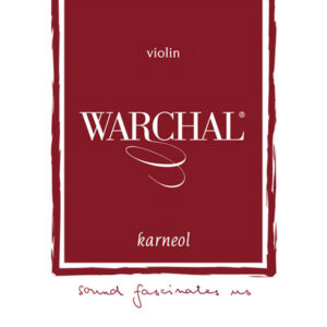 Red and white packaging for Warchal violin strings, model Karneol. The text reads: "violin," "Warchal," and "karneol" with the tagline "sound fascinates us" at the bottom.