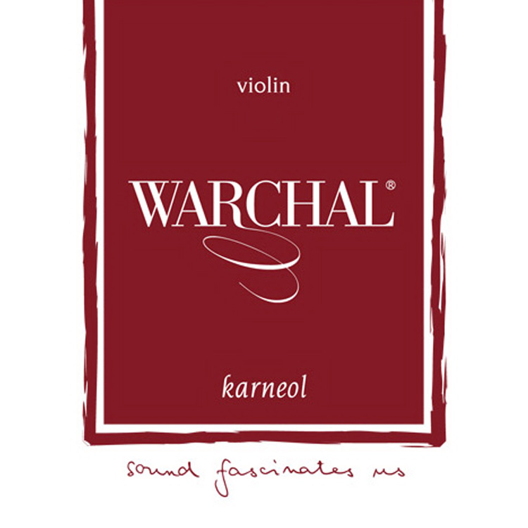 Red and white packaging for Warchal violin strings, model Karneol. The text reads: "violin," "Warchal," and "karneol" with the tagline "sound fascinates us" at the bottom.